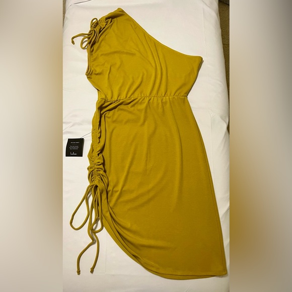NWT - Lulu’s Ruched One Shoulder MIDI Dress - Size XL - Mustard Yellow - Picture 9 of 16